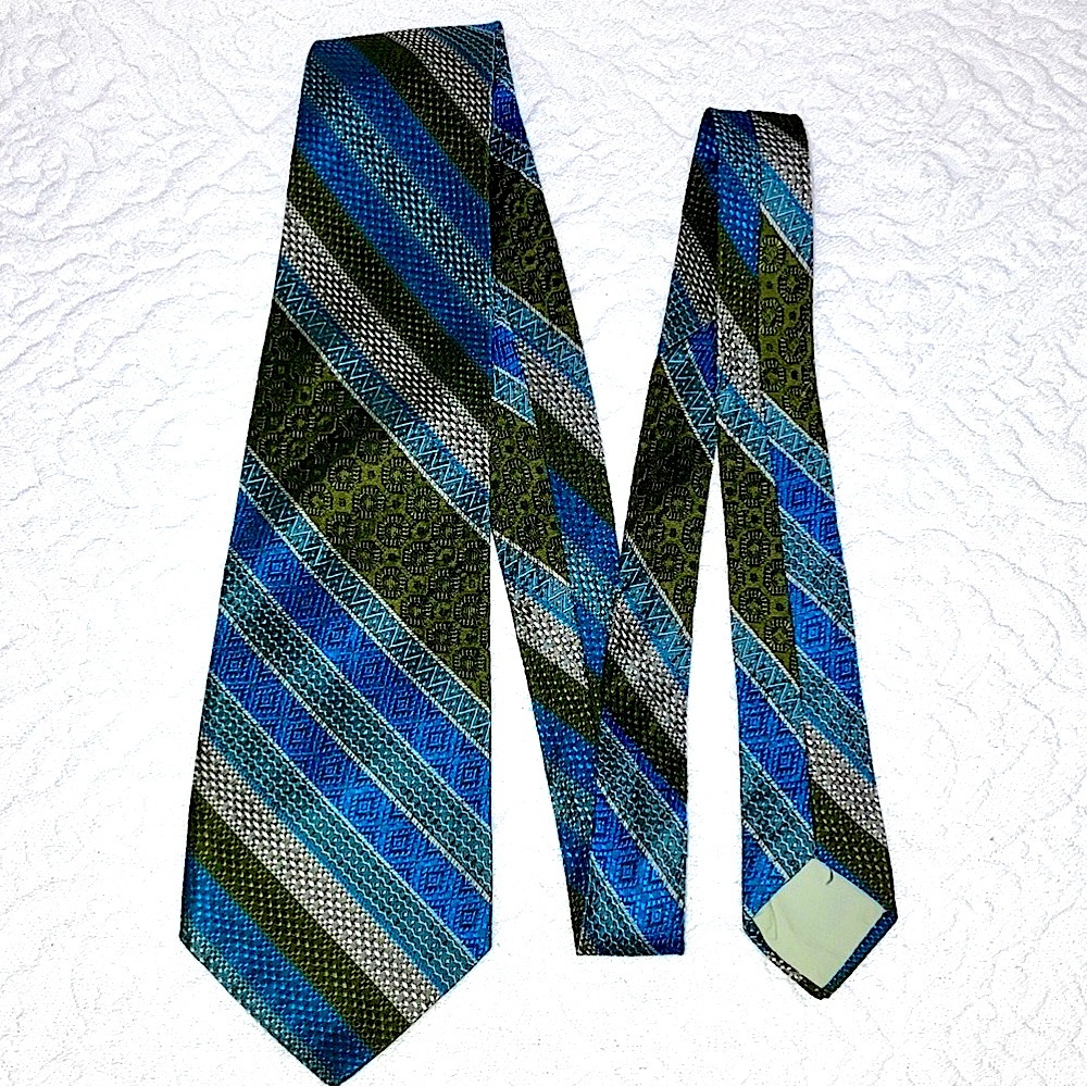 Abbey vintage tie, blue & green stripe with paisley motif, 55”